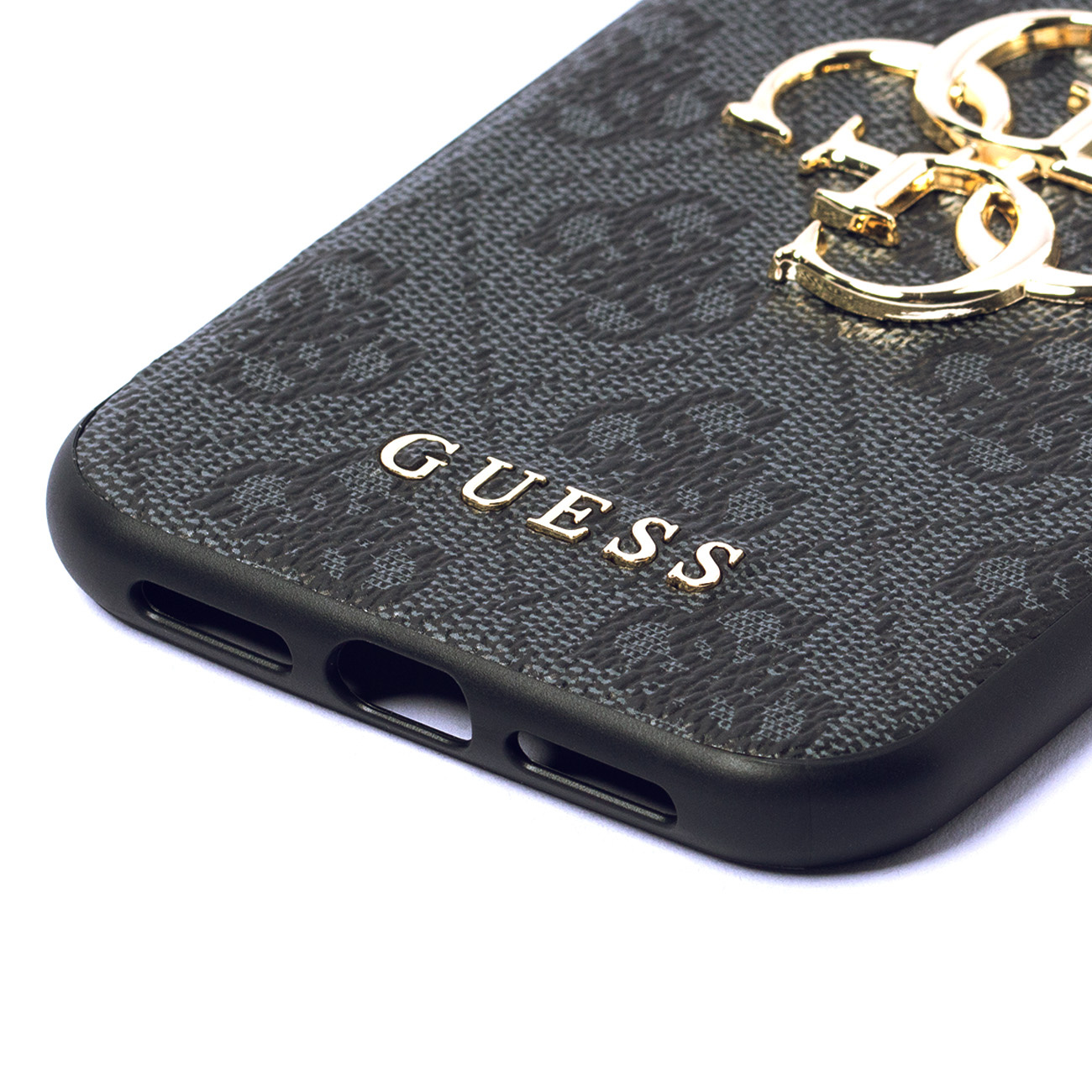 Close-up of the gold logo on the Guess iPhone 11 / XR 4G Big Metal Logo case