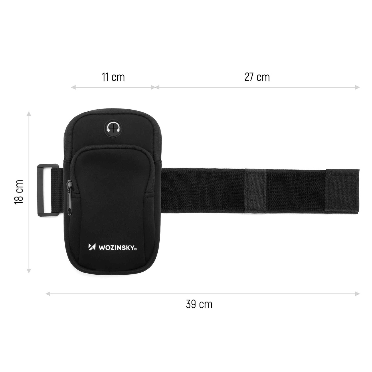 Modelka prezentuje czarną opaskę do biegania na telefon Wozinsky WABBK1