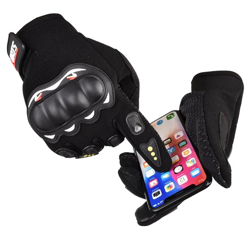 Motorcycle phone gloves with knuckle protector - black