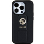 Guess Grip Stand 4G Saffiano Strass Hülle für iPhone 15 – Schwarz