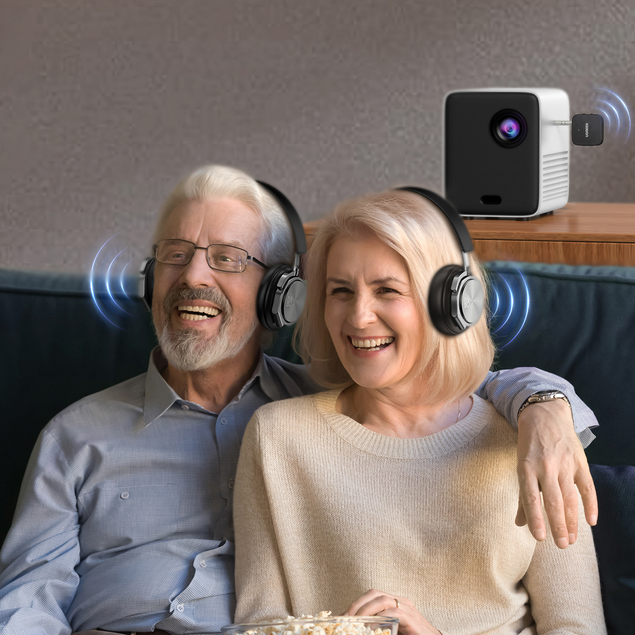 Elderly couple listening together