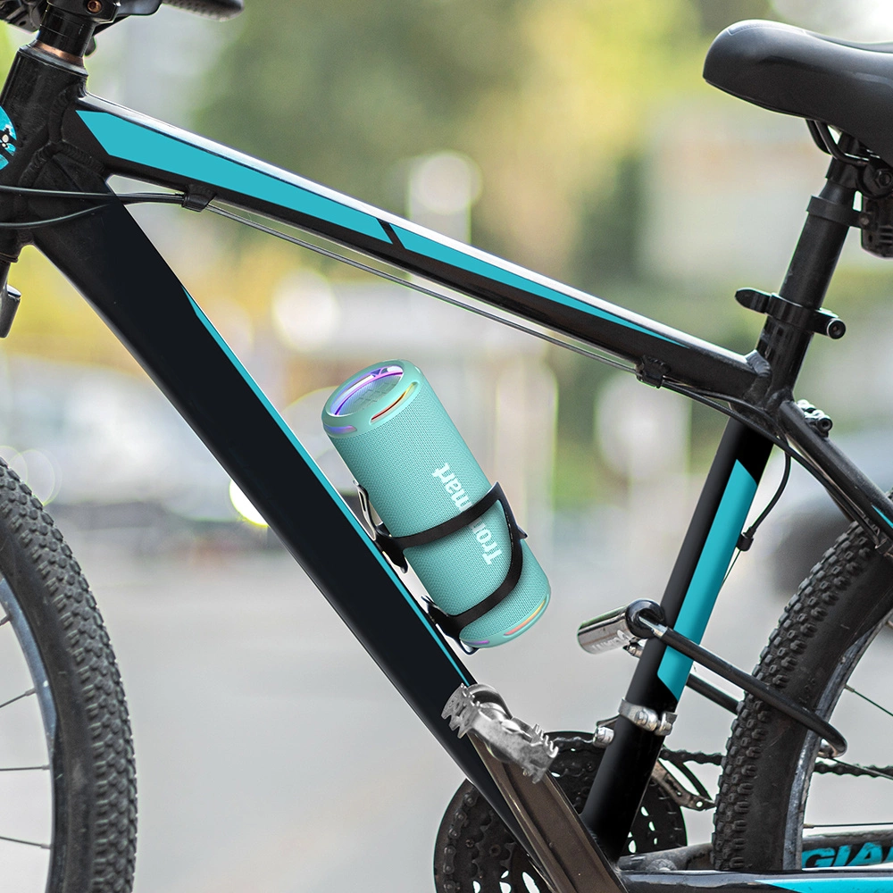 A bicycle with a Tronsmart T7 Lite wireless speaker attached to the frame