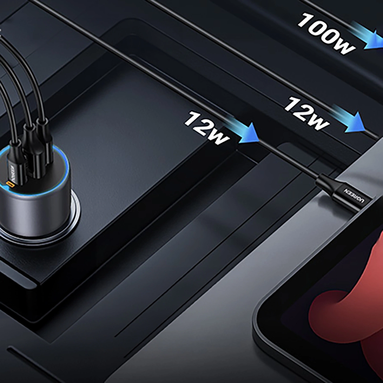 Ugreen EC705 car charger connected to the device with a cable