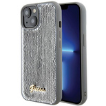 Guess Pailletten-Schriftzug-Metallgehäuse für iPhone 15 – Silber