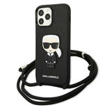 Karl Lagerfeld Iconik-Hülle aus Leder mit Monogramm-Patch und Kordel für iPhone 13 Pro Max 6,7&quot; – Schwarz