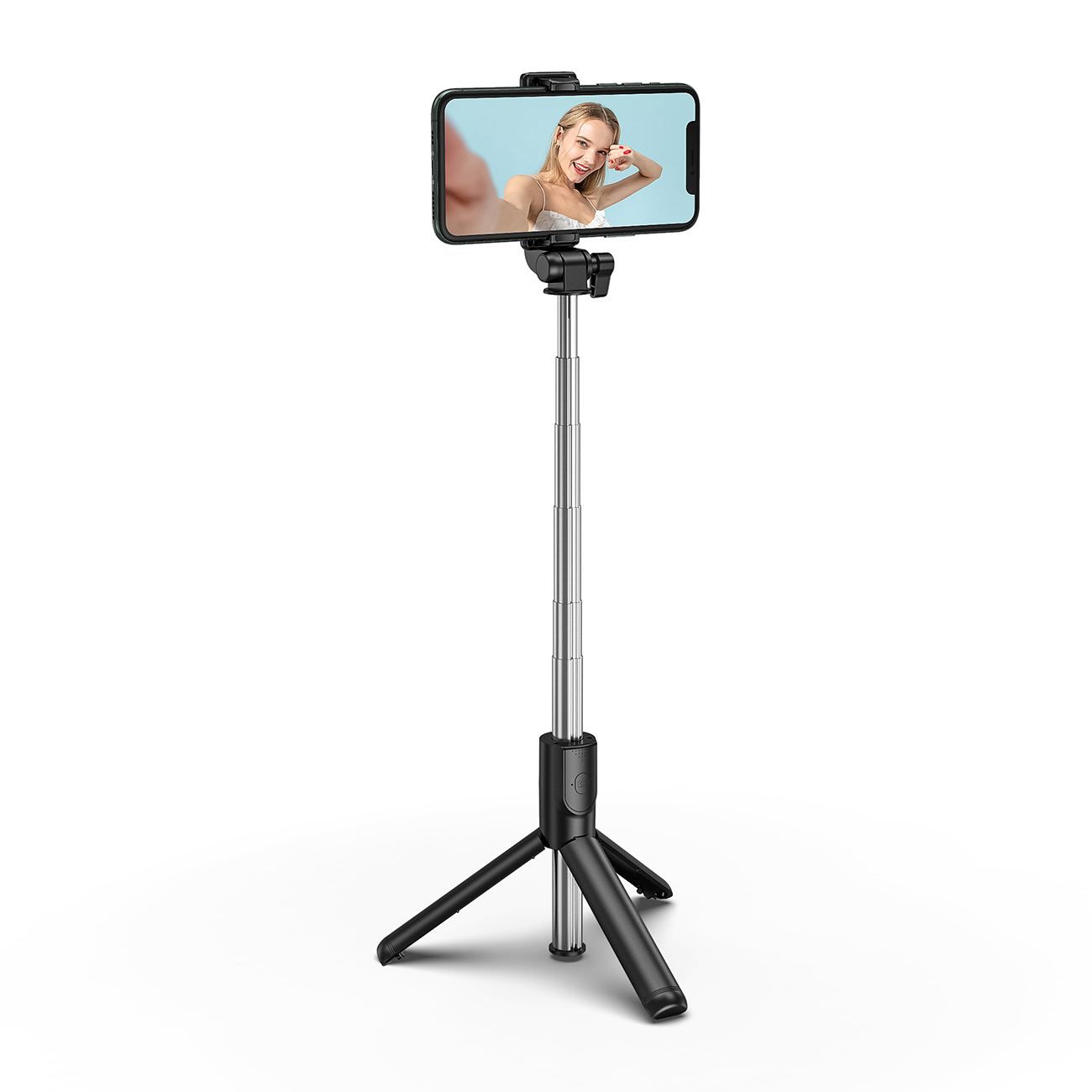 Teleskopowy selfie stick WHS1Y / tripod o wysokości 1 m z uchwytem na telefon na białym tle