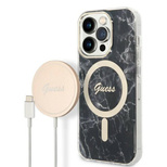 Set Guess GUBPP14LHMEACSK Case+ Charger iPhone 14 Pro 6.1" black/black hard case Marble MagSafe