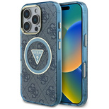 Guess IML Metal Glitter 4G Circle Triangle MagSafe Case für iPhone 16 Pro Max - Blau
