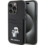 Karl Lagerfeld Saffiano Cardslot Karl&amp;Choupette Metal Pin Hülle für iPhone 15 Pro – Schwarz