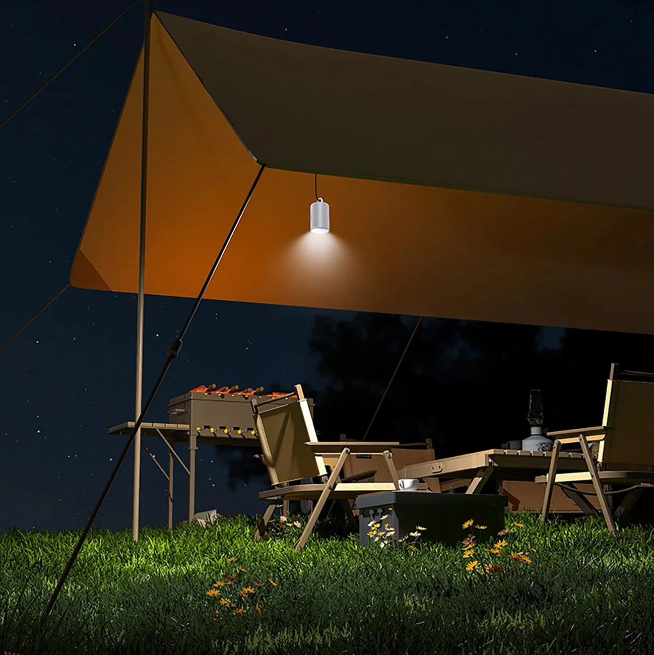 Baseus PocketGo Pro portable tourist pump used as a suspended lamp while camping under a tent