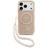Guess IML Flowers Electro Pearl Strap MagSafe Case für iPhone 17 Pro - Rosa