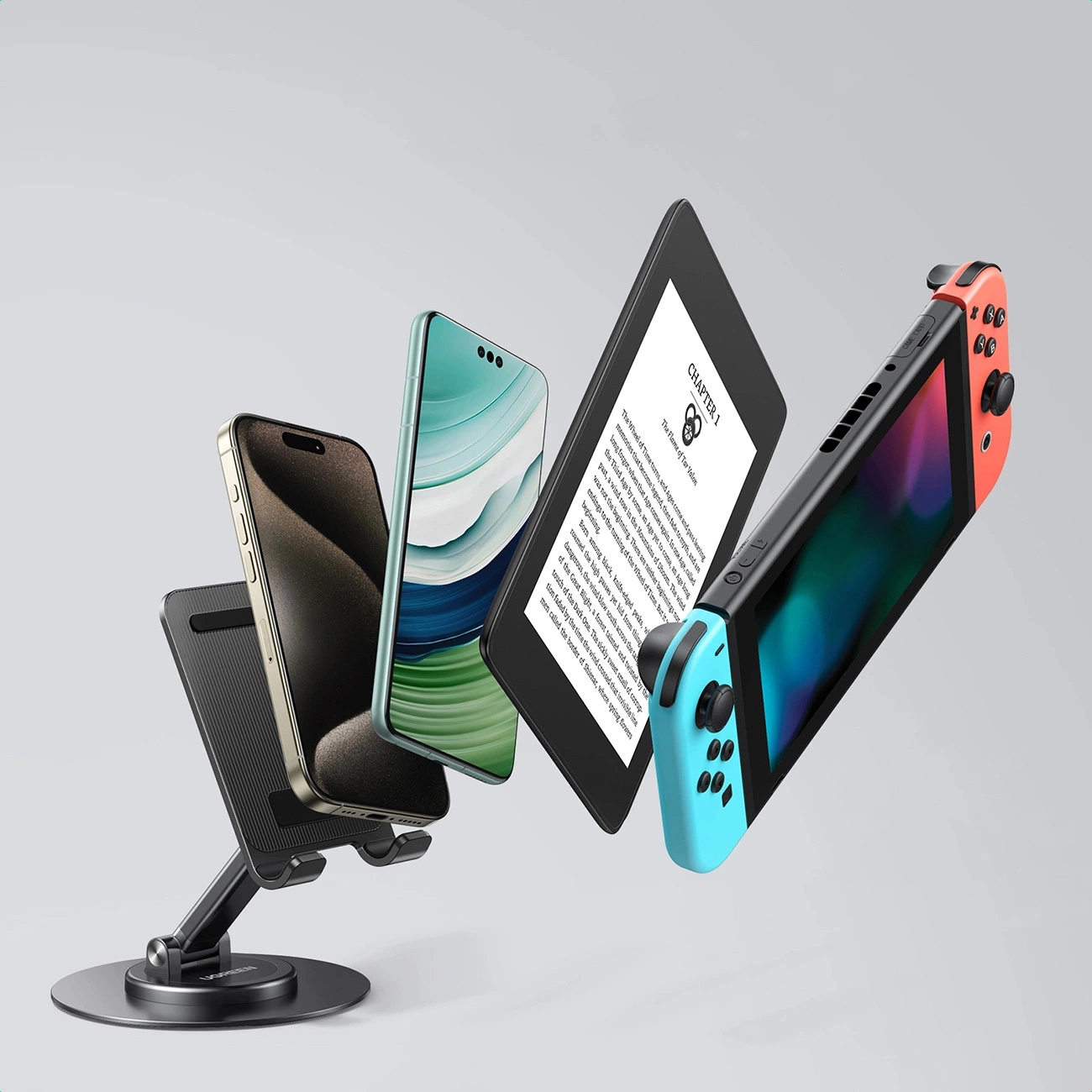 Ugreen LP805 desk stand with various types of devices placed above it