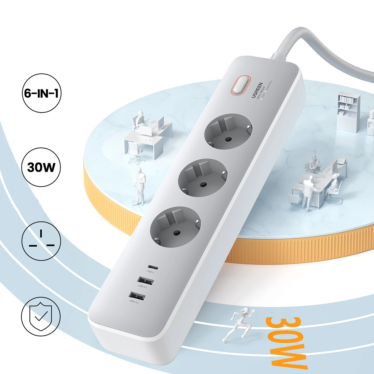 Ugreen CD286 extension cable against a background of gray models representing various environments in office buildings