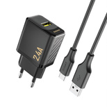 Dudao A23TEU 2,4A GaN USB-A Wandladegerät mit USB-A- und USB-C-Kabel – Schwarz