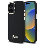 Guess Silicone Script Metal Logo &amp; Frame Case for iPhone 16 - Black