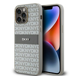 DKNY Leder-Monostreifen- und Metall-Logo-Hülle für iPhone 14 Pro – Beige