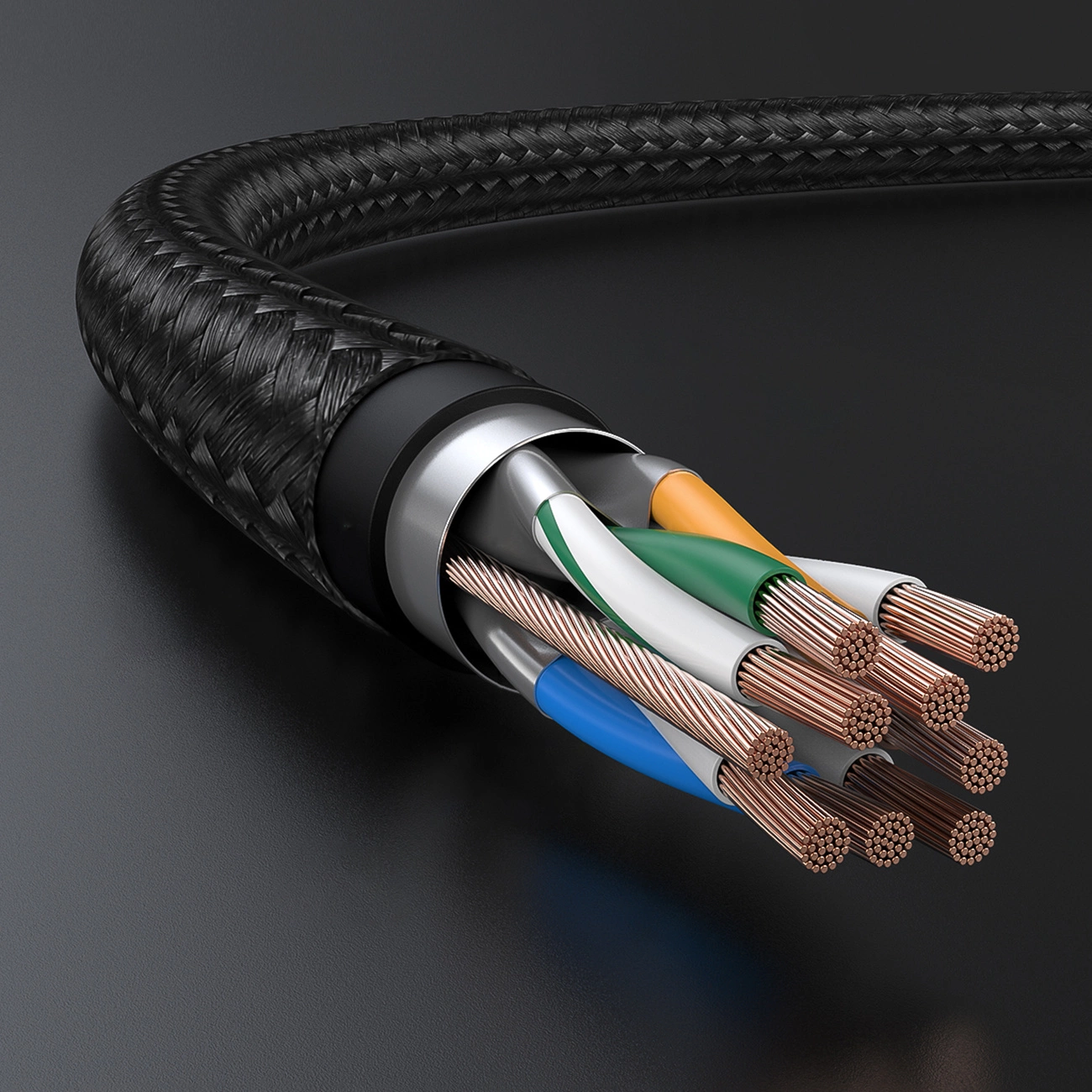 Photo of the interior of the Ugreen NW150 network cable on a black background