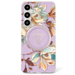 Guess Glitter Flowers Triangle Buttons MagSafe Case for Samsung Galaxy S25 Ultra purple