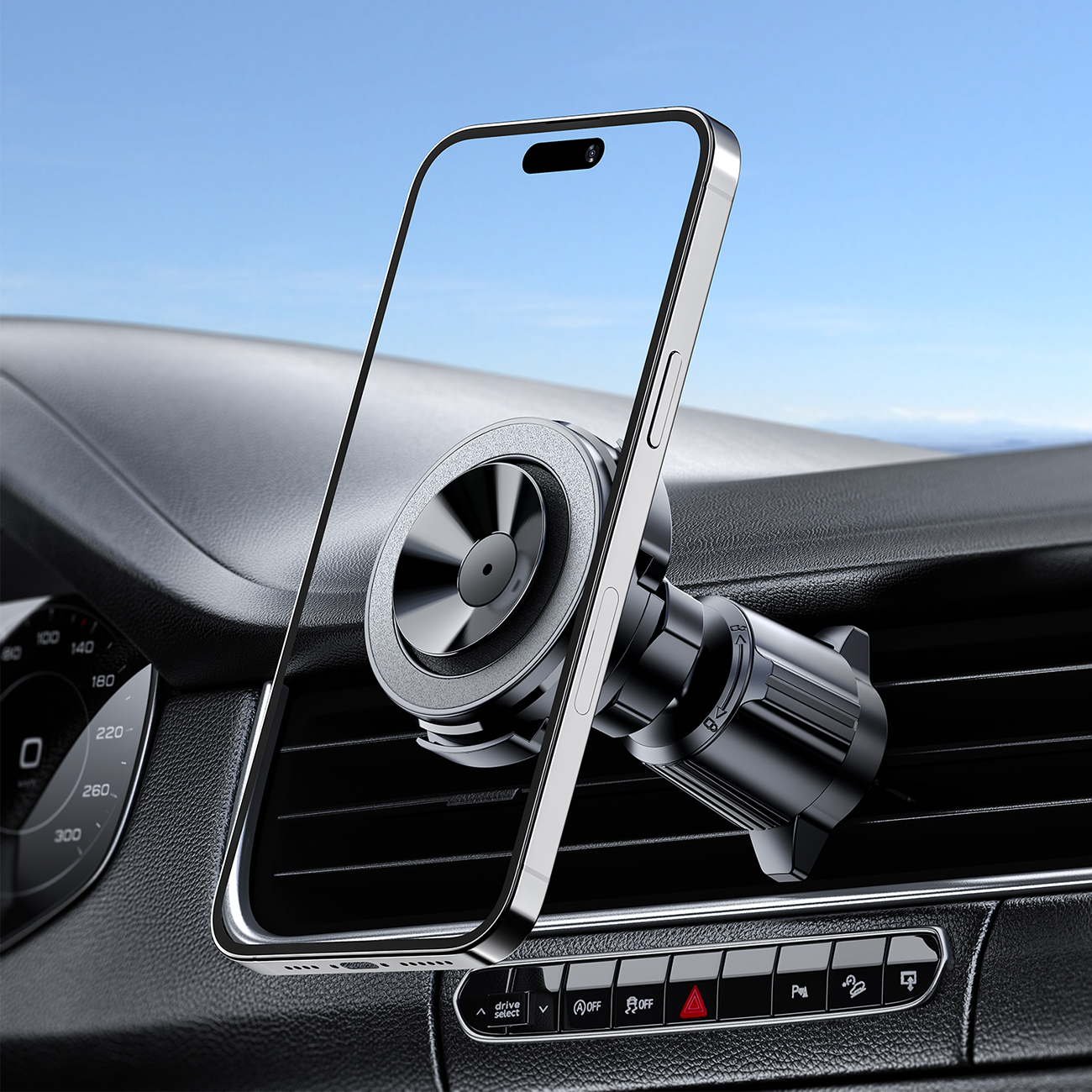 The phone is attached to the Acefast D22 magnetic holder mounted on the air vent in the car