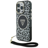 Etui Guess HC IML Leopard Triangle Cord Strap MagSafe do iPhone 16 Pro - czarne
