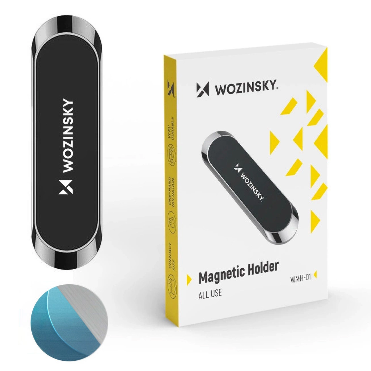 Uchwyt magnetyczny do telefonu przyklejany Wozinsky WMH-01 z opakowaniem i metalową płytką