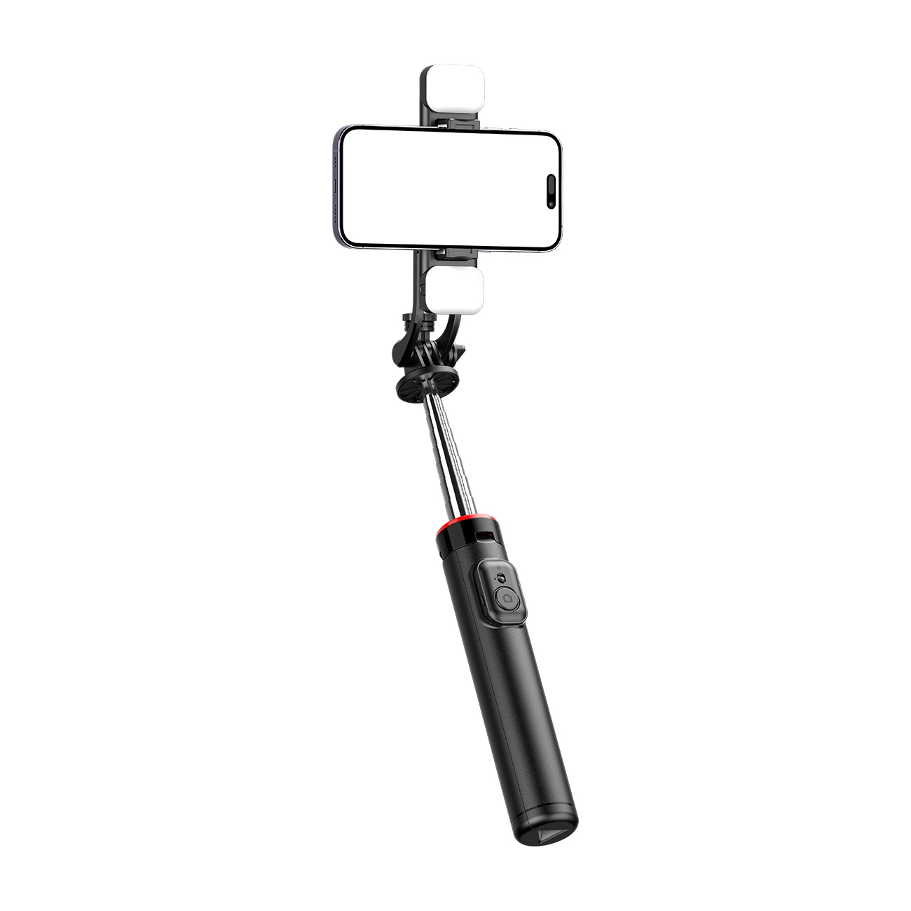 Selfie stick WC13YDS / telescopic tripod up to 1.3m high with double lamp and phone holder on white background