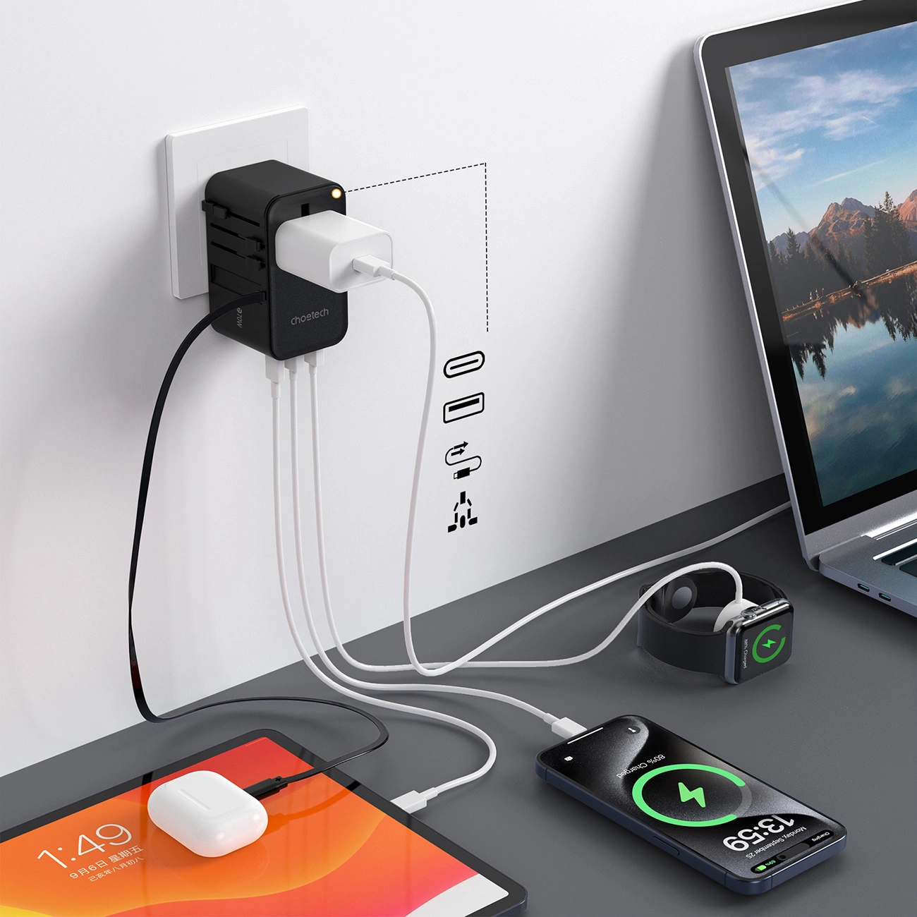 Five devices connected to the socket using the Choetech PD5020 travel adapter