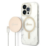 Guess Marble MagSafe Case + Ladegerät-Set für iPhone 14 Pro Max 6,7&quot; - Weiß