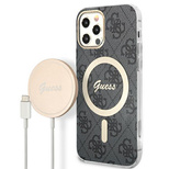 Etui Guess 4G Print MagSafe na iPhone 12 / iPhone 12 Pro + ładowarka indukcyjna - czarne