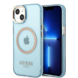 Guess Gold Outline Translucent MagSafe Hülle für iPhone 13 – Blau