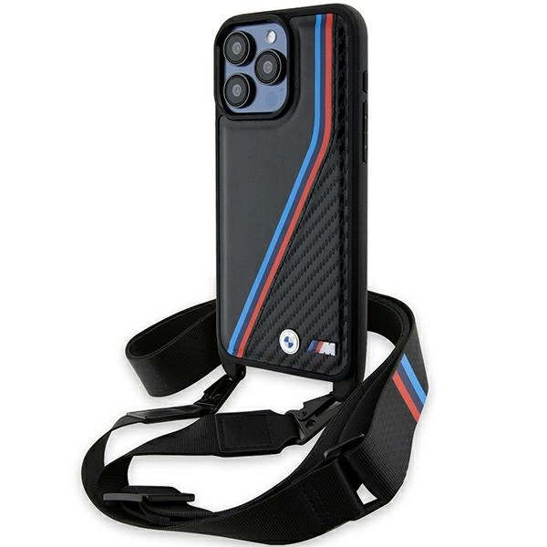 BMW M Edition Carbon Tricolor Lines & Strap Hlle fr iPhone 15 Pro Max   Schwarz - Hurtel.com
