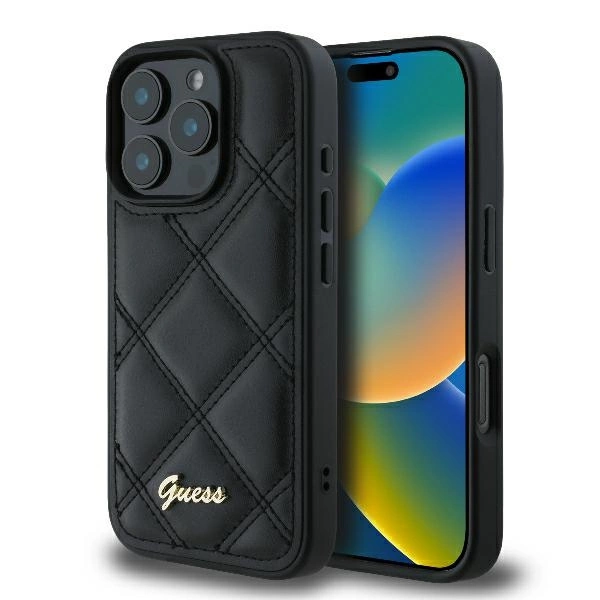 Guess Quilted Metal Logo iPhone 16 Pro Case - Black - Hurtel.com