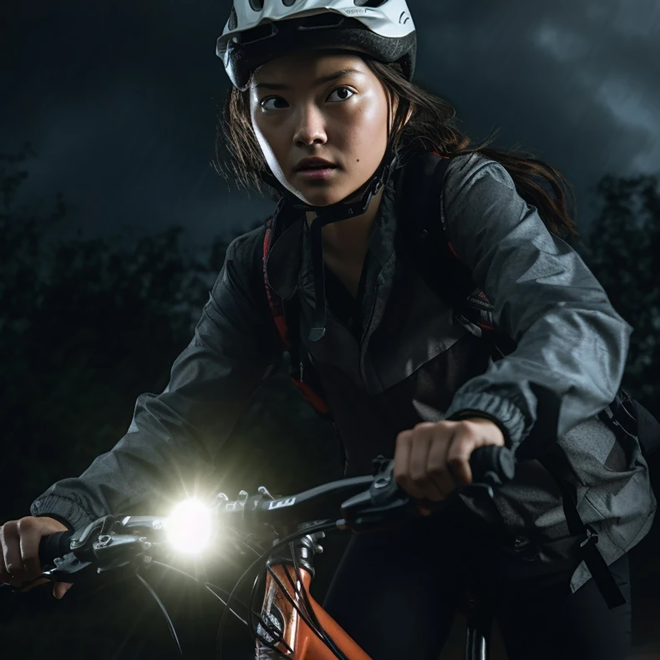 Woman riding at night thanks to the Rockbros RHL1500 bicycle light