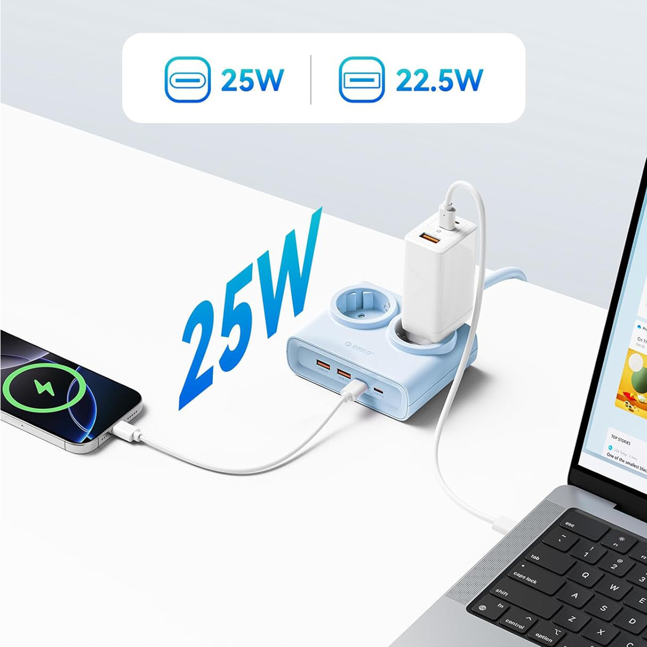 Ładowanie USB-C 25W i USB-A 22,5W za pomocą listwy zasilającej Orico PDC25