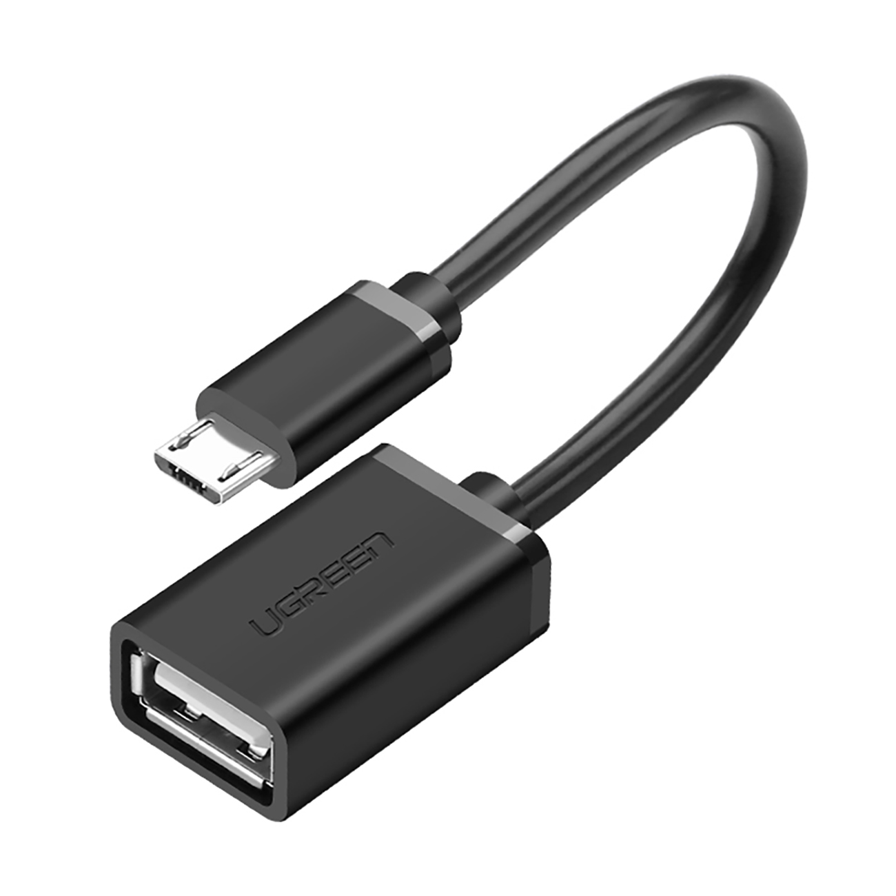 Kabel Ugreen US133 10396 ze złączem micro USB (męski) i portem USB-A (żeński) z funkcją OTG o długości 15 cm na białym tle