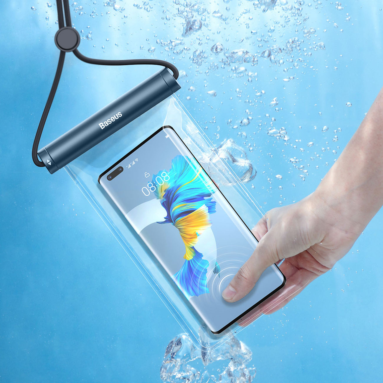 A hand using a phone placed in the Baseus AquaGlide BS-PC030 waterproof case