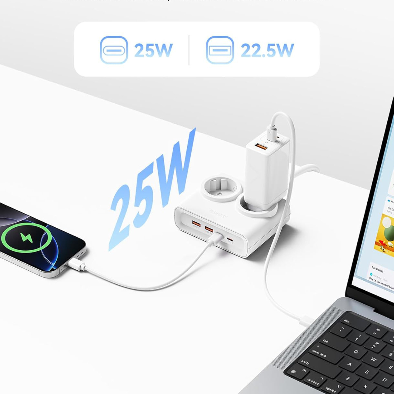 Ładowanie USB-C 25W i USB-A 22,5W za pomocą listwy zasilającej Orico PDC25