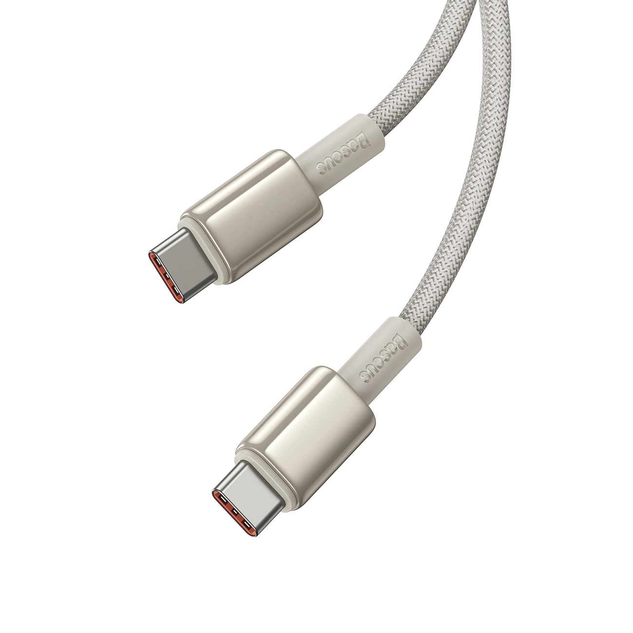 Baseus Tungsten Gold-Kabel mit USB-C/USB-C-Anschlüssen mit einer Leistung von bis zu 100 W und einer Länge von 1 m auf weißem Hintergrund