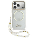 Guess IML Glitters Script Strap MagSafe Hülle für iPhone 17 Pro – Transparent