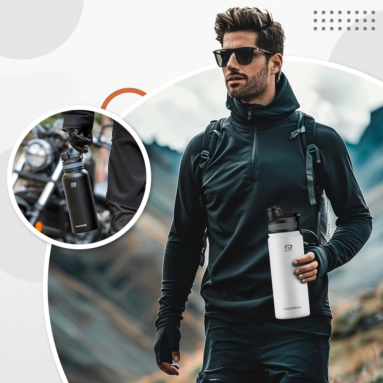 Man holding a Rockbros 35210029005 thermal bottle while hiking