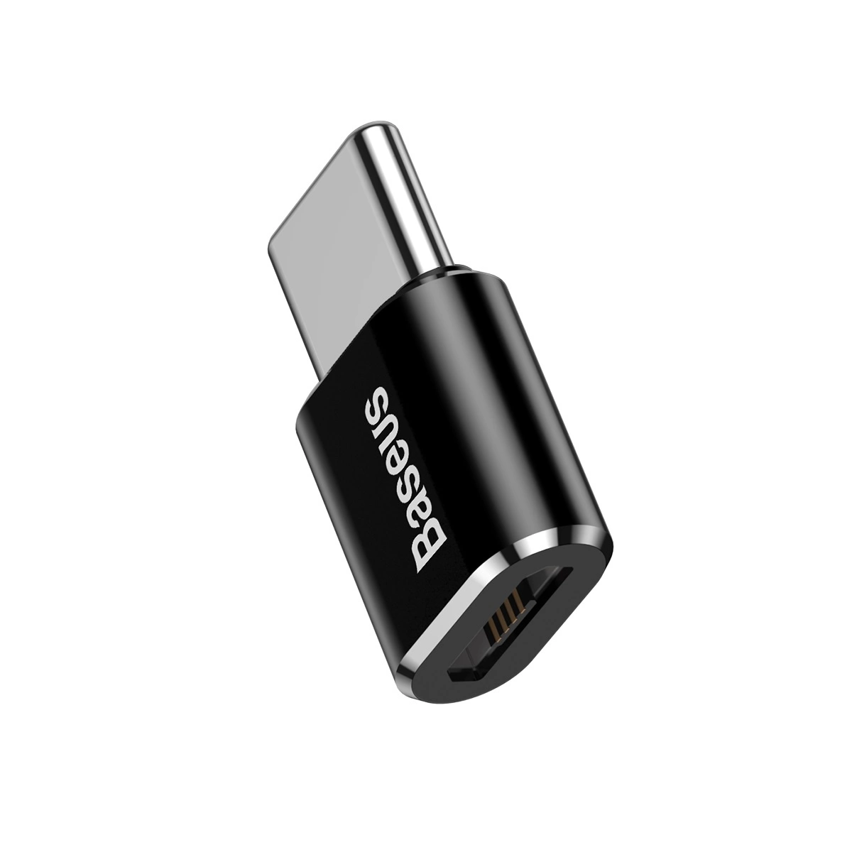Czarny Adapter Baseus Mini przejściówka z micro USB na USB-C na białym tle