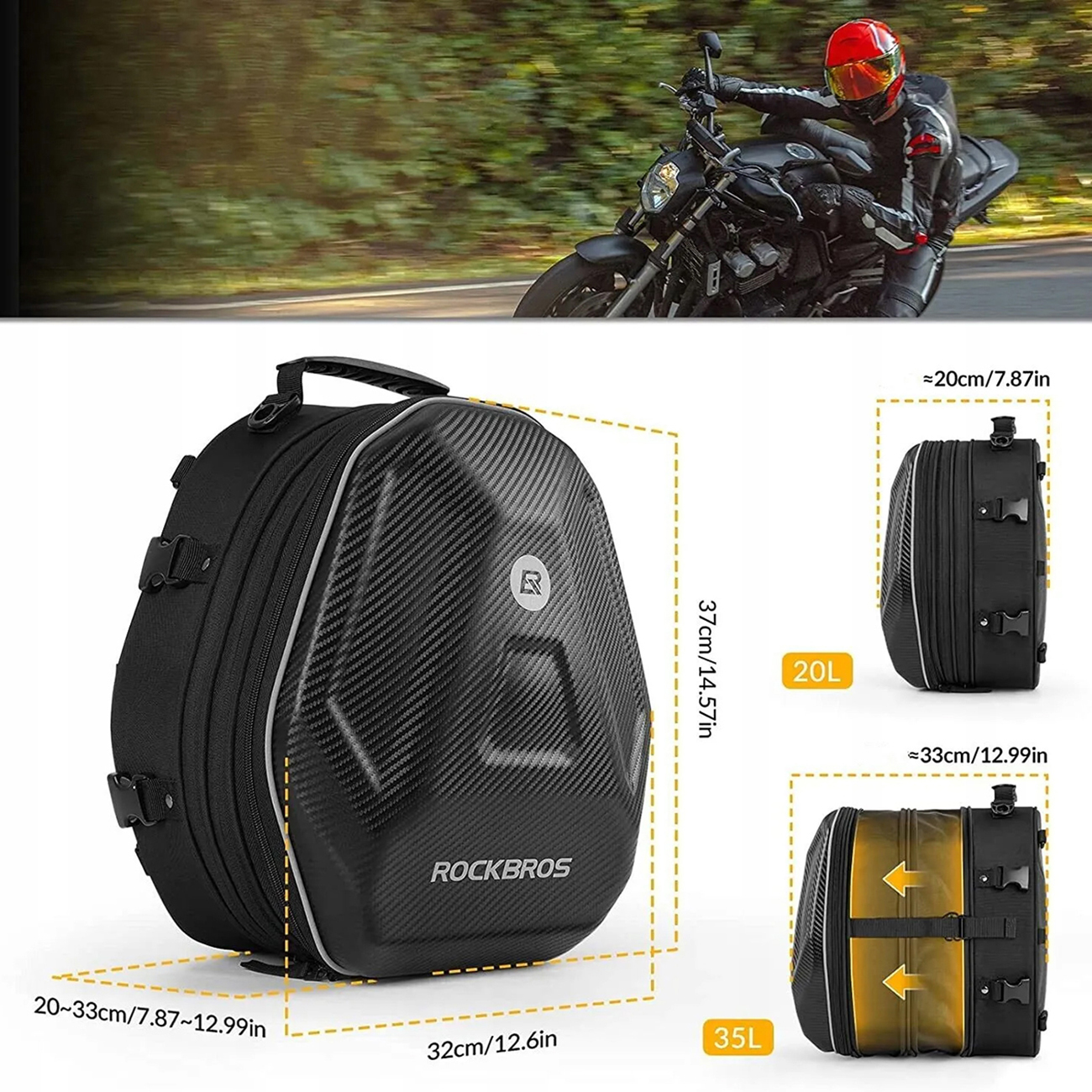 Zeigt die Abmessungen und das Fassungsvermögen der Motorradtasche Rockbros 30140026001