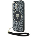 Etui Guess HC IML Leopard Triangle Cord Strap MagSafe do iPhone 16 - czarne
