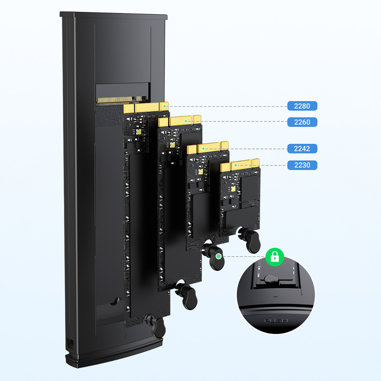 Presentation of compatibility of all dimensions of NVMe drives with the Ugreen CM578 15512 housing for M.2 NVMe 10Gbps drive