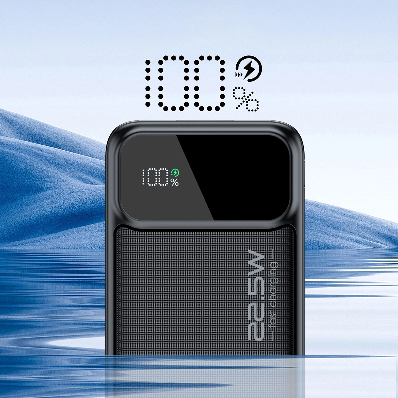 A photo of the Choetech B732 Powerbank display half-immersed in water