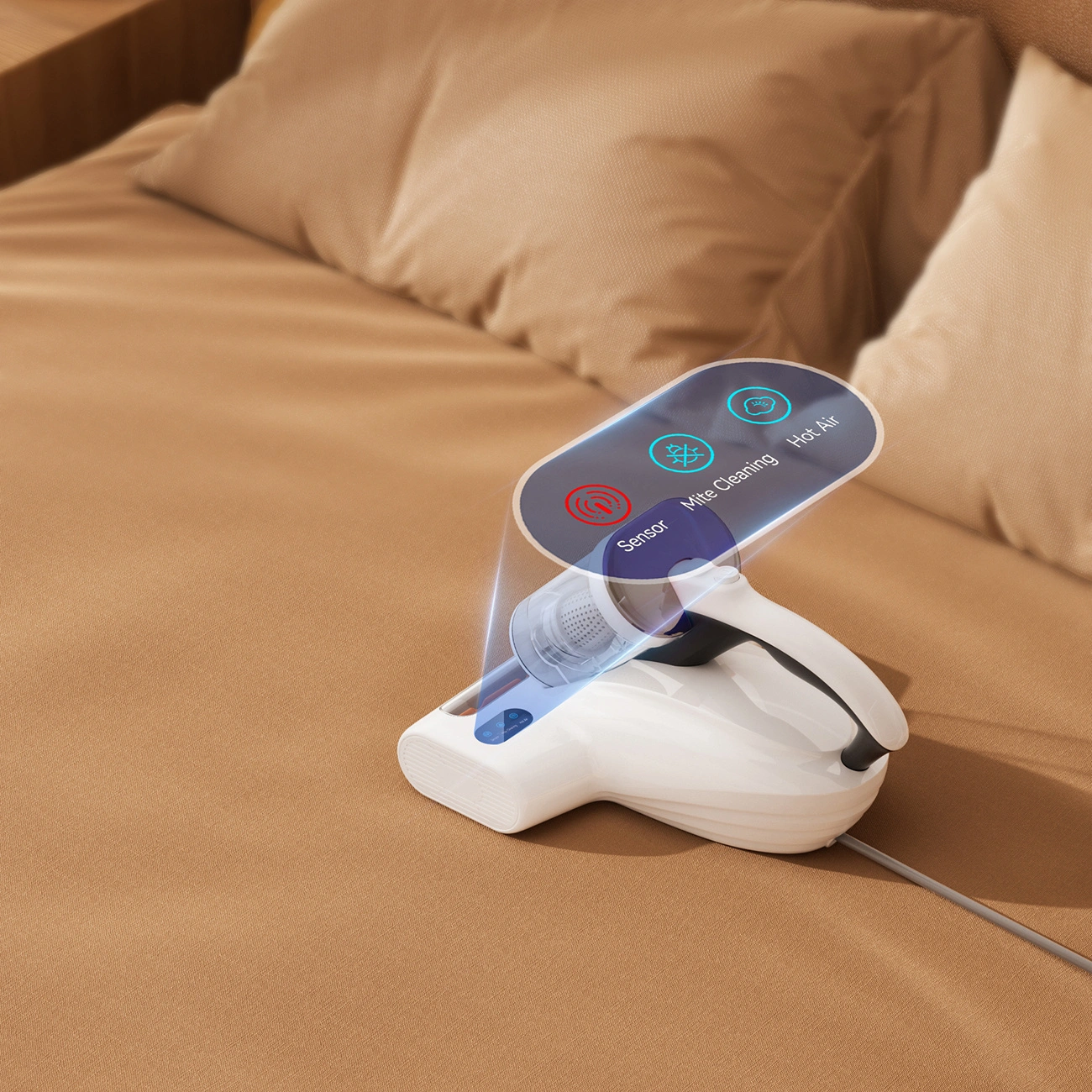 The UWANT M600 vacuum cleaner resting on the bed, close-up of the display showing the device's functions.