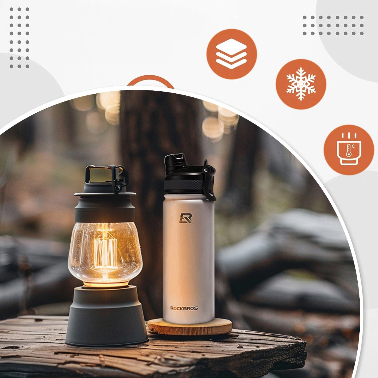 A wooden bench in the middle of the forest with a kerosene lamp and a Rockbros thermal bottle 35210029006