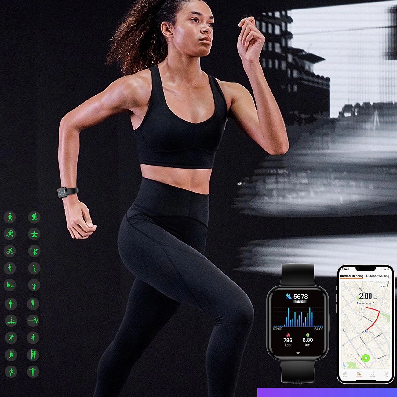 A woman runs with a Choetech WT001 smartwatch on her wrist that monitors activity