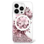 Etui Guess Liquid Glitter Flower MagSafe na iPhone 16 - różowe