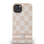 DKNY Lederhülle mit kariertem Monomuster und bedruckten Streifen für iPhone 15 / 14 / 13 – Rosa